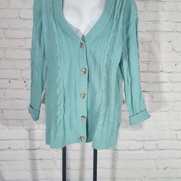 Talbots Sweaters - Talbots Teal Cable Knit Luxury Long Buttonup Lg Cardigan